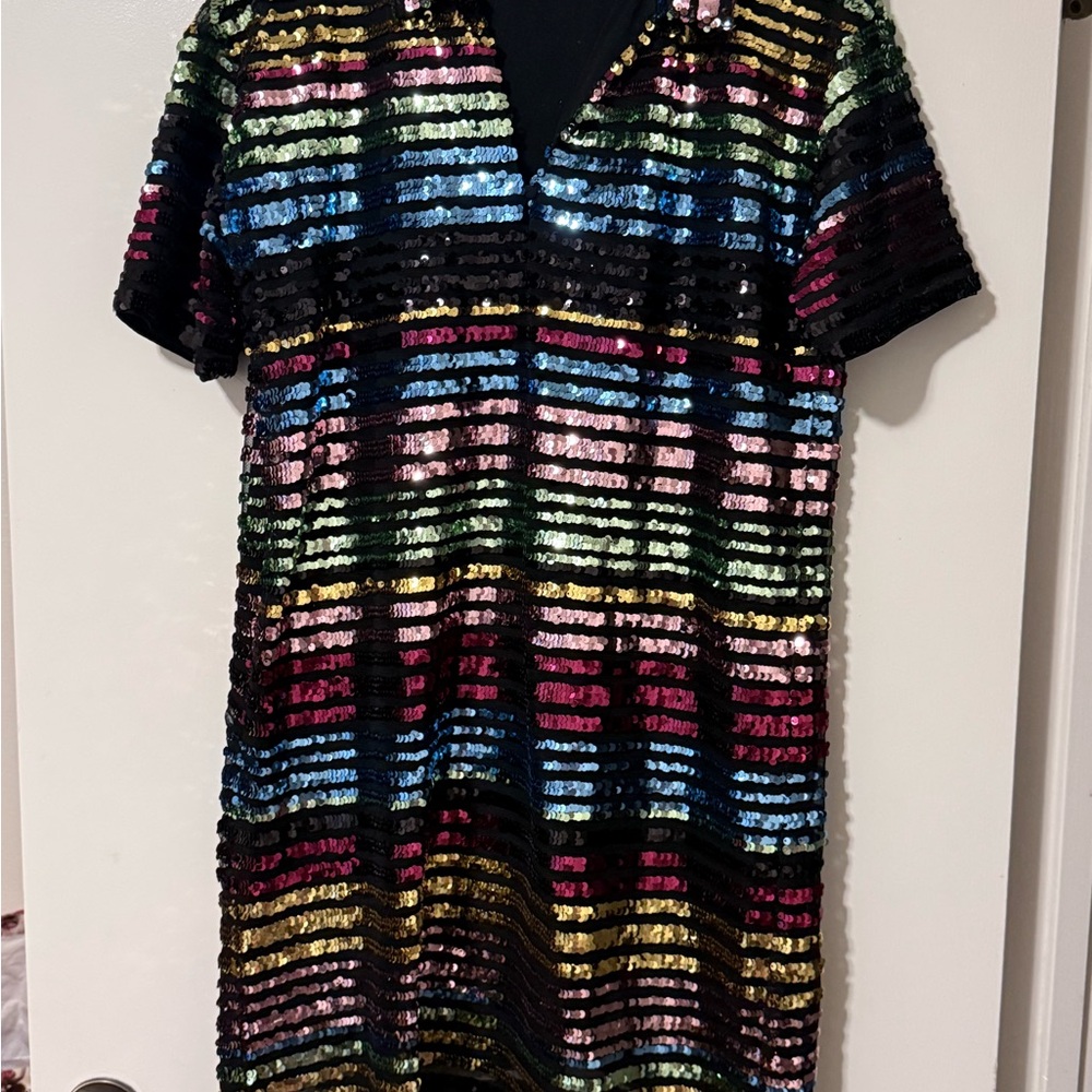FRNCH Multicolor Sequin Striped Midi Dress - Black Base